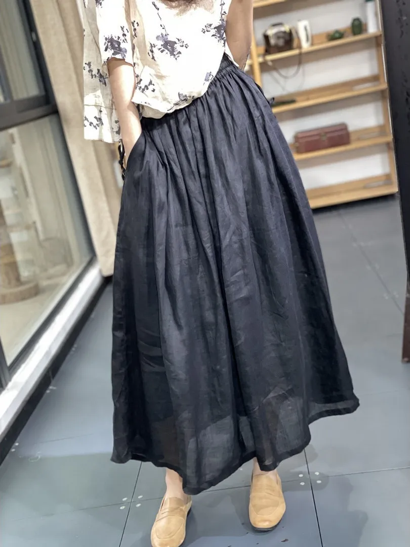High Waist A-Line Skirt Double Layered Hemp Cotton Linen Midi Skirt Summer 2025 New Sle Japanese Sle f Body Skirt