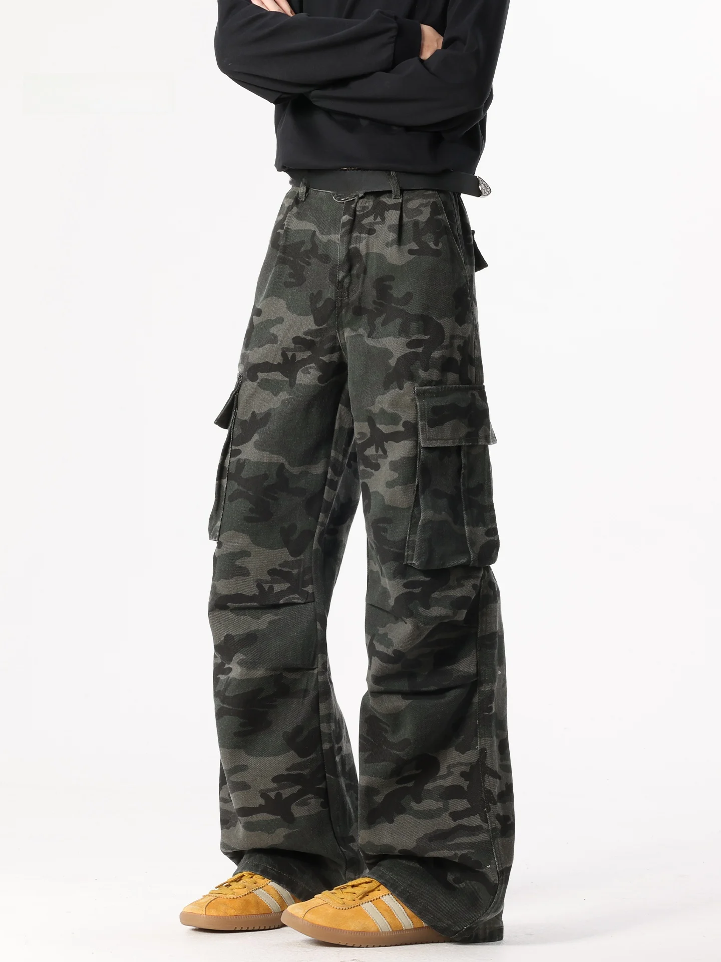 

Американские ретро-брюки в камуфляжном стиле для мужчин, осенне-зимние, модные, в стиле High Street, с множеством карманов, повседневные, плиссированные, прямые, длинные брюки.