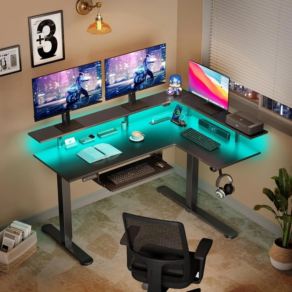 L Shaped Computer Desk with LED Light and Power Outlet, Dual Motor Height Adjustable Electric Standing Desks, 61.2" Stand Desk