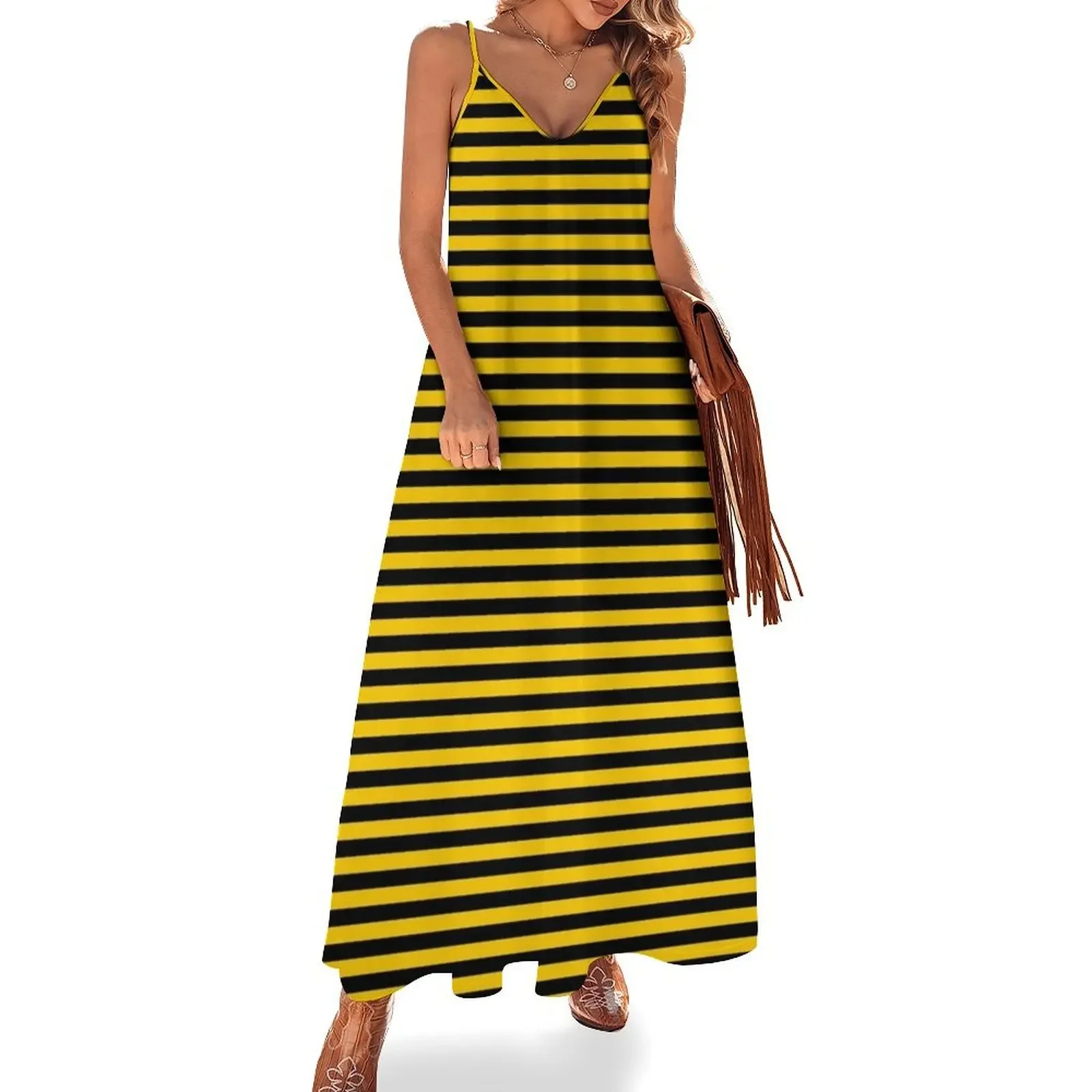 

Black and Yellow stripes geometric striped pattern Bee Sleeveless Dress dress for woman women dress Evening gown