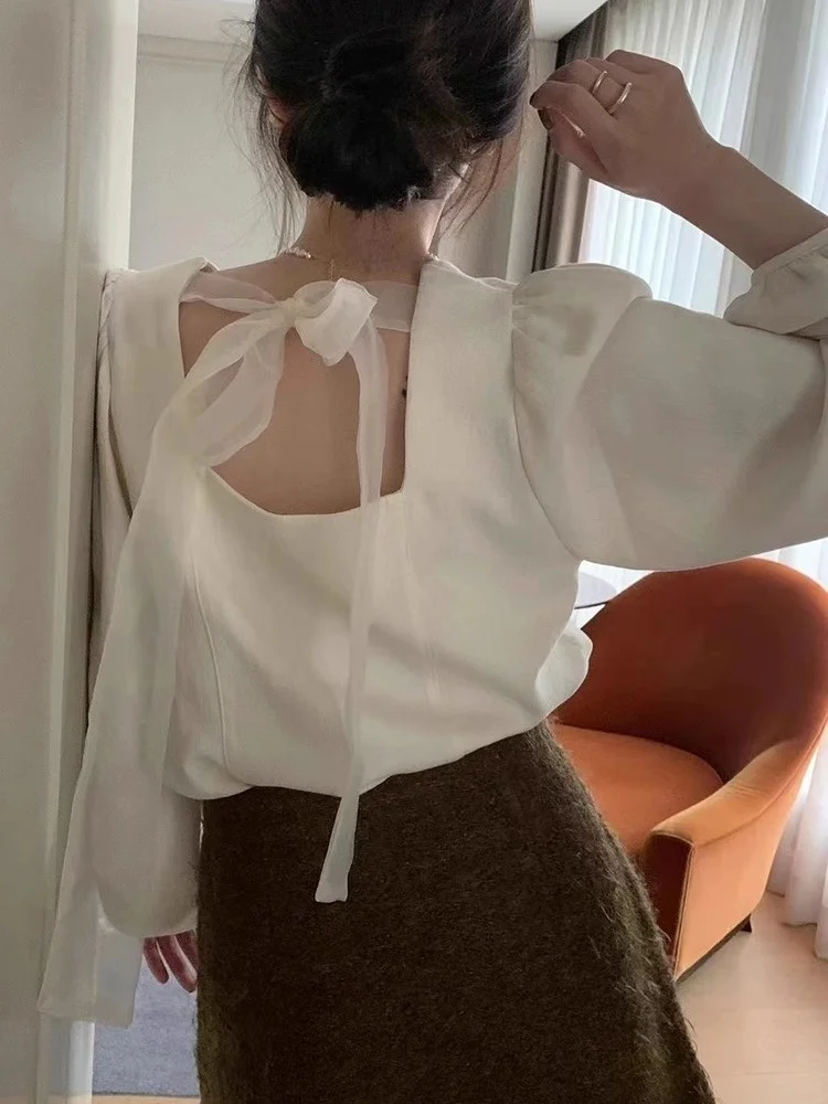 

Elegant Square Collar Bubble Sleeve Shirt Women's Fashion Spring 2026 Breathable Mesh Back Strap Design Long Sleeve Shirt