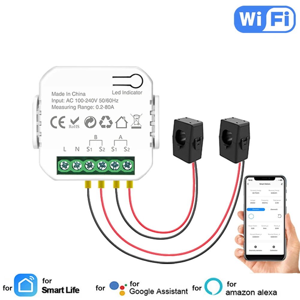 Wifi Smart Power Meter With Current Transformer Clamp 1/2 Channel 120A Energy Meter Smart Home Wattmeter Solar PV System images - 6