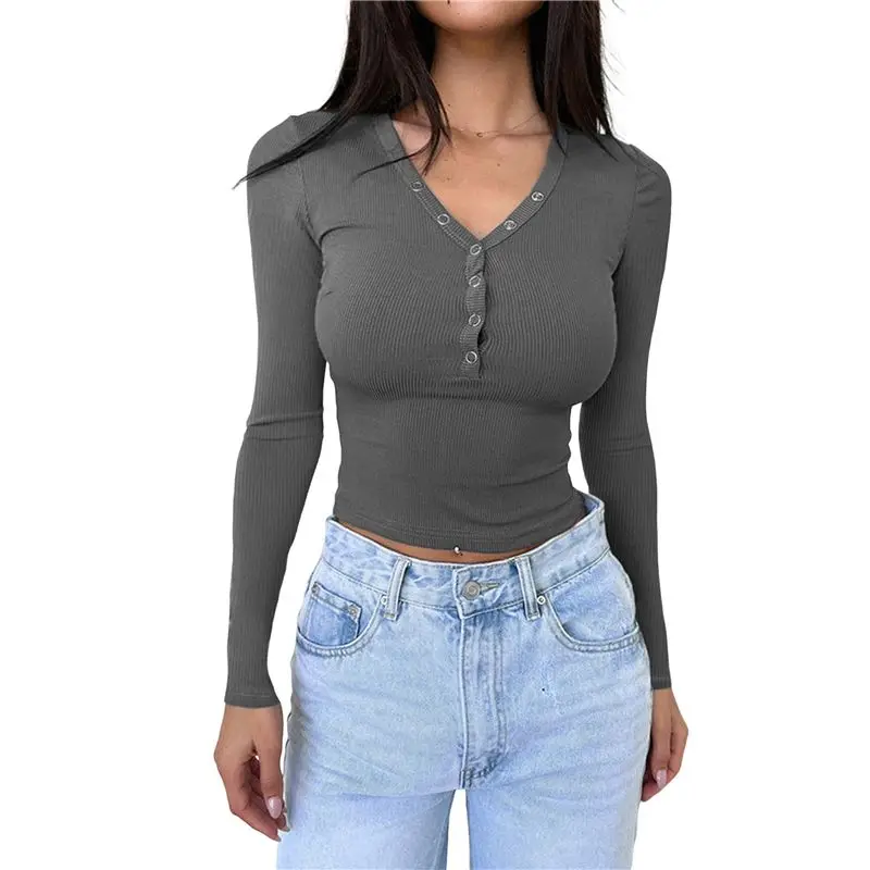 

CYL-Womens Long Sleeve Shirts Fall Clothes Henley Tops Business Casual Ribbed Blouses Fashion Trendy Outfits Dark Gray M