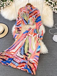 Casual Women Printed Chiffon Two Piece Set Female Turn-Down Collar Single Breasted Blouse + High Waist Pleated Skirt Suit New