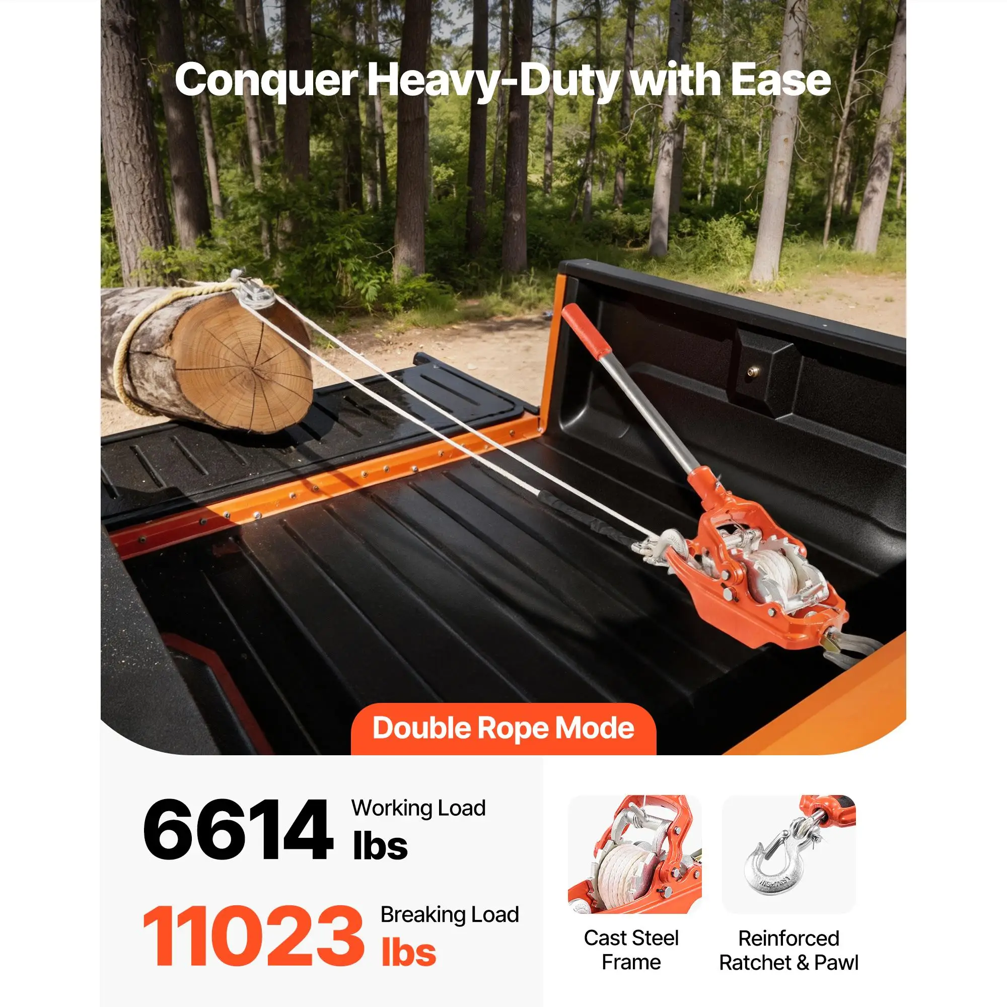 Heavy Duty Rope Puller Winch 6614 lbs Pulling Capacity with 35 ft Rope 0.3 in Diameter and 2 Hooks for tree Felling Boat Moving and Road Recovery