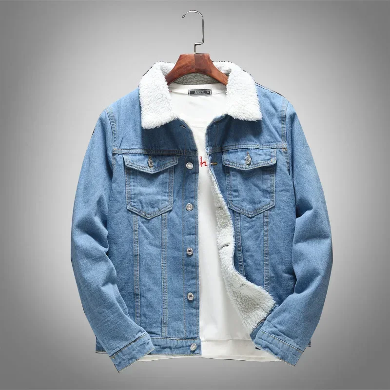 

Winter New Fashion Men's Thicken Warm Lamb Wool Jean Jacket Causal Trendy American Multi Pocket Denim Jacket Male Streetwear