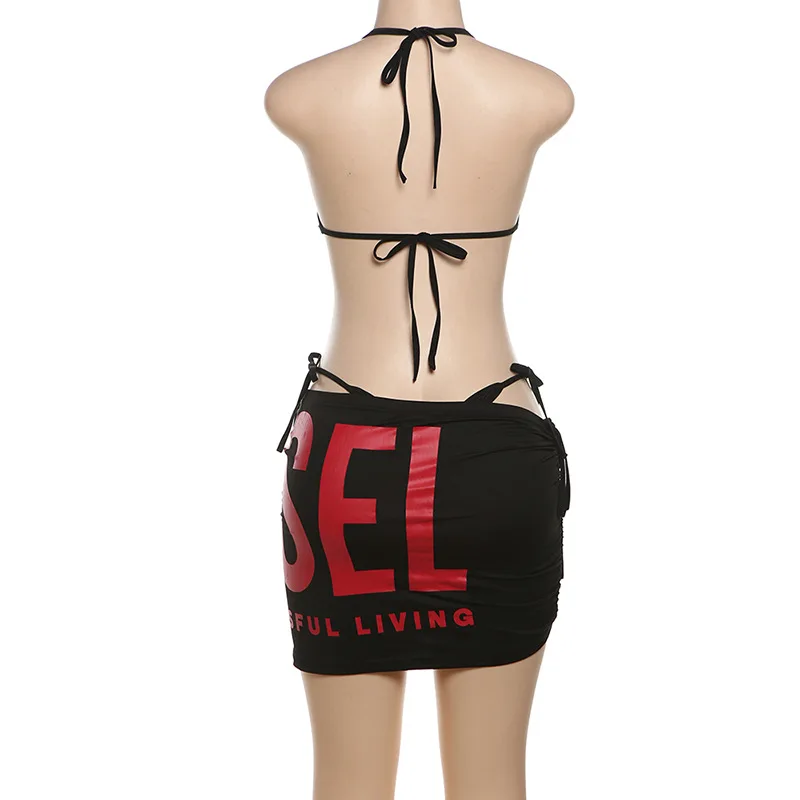 FAGADOER Sexy Black Women Outfits Club Beachwear Cross-border Sexy Neck Strap-up Top and High Waist Hip Skirt Bikini 3pcs Set