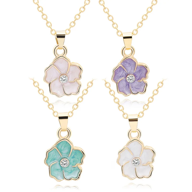 Colorful Rhinestoned Floral Enemal Pendant Necklace For Women Trendy Boho Jewelry