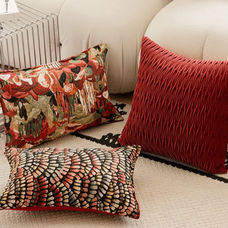 Francuska poszewka na poduszkę LuxJacquard Nowoczesne lasy tropikalne Poszewka na poduszkę Dekoracyjna tekstura Wino czerwone Wystrój domu Poszewka na sofę