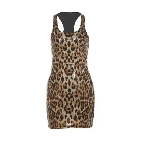Womens Sleeveless Round Neck Leopard Print Bodycon Dress