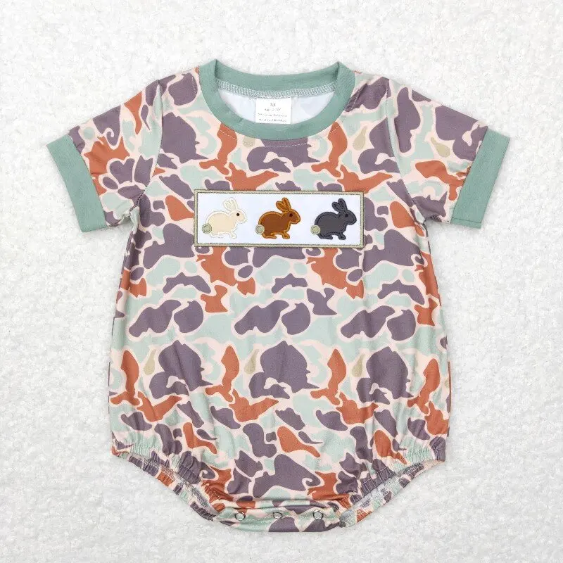New rts baby toddler boys Easter rompers wholesale boutique embroidered camouflage bunny boys hot sale romper