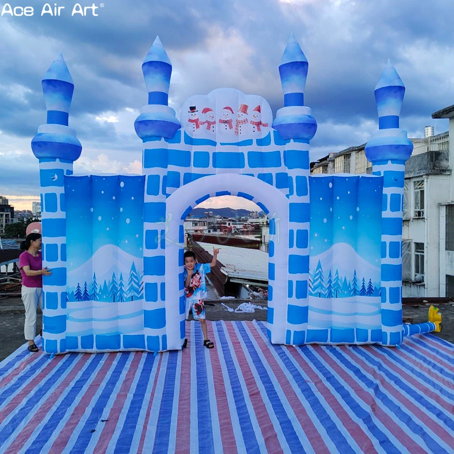 

Светло-голубые и белые входные ворота из ледяного и снежного замка шириной 5 м на Рождество, новогоднее украшение