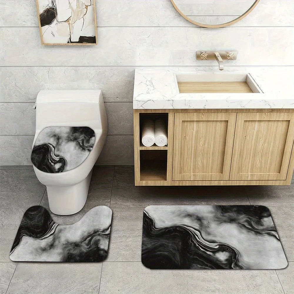

3pcs Super Soft Bathroom Floor Mats Set, Absorbent, with Non-slip Backing, Smooth A Black And White Marble Like Texture