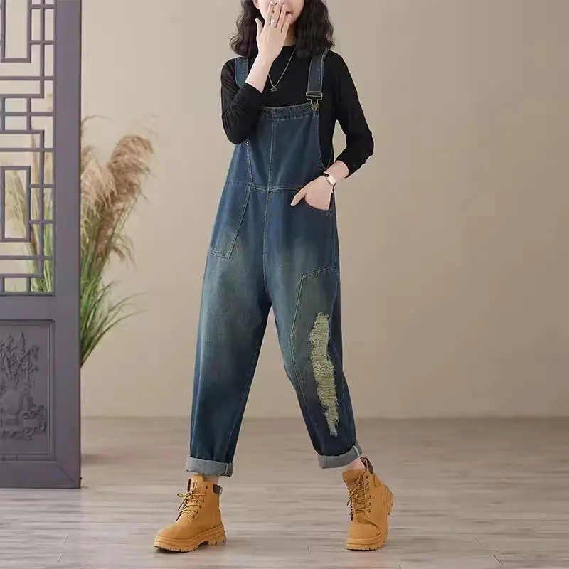 Retro Loose Oversized Denim Overalls For Women 2024 Autumn New Lazy Style Workwear Wide Leg Ripped Pants Jeans Jumpsuit K2333