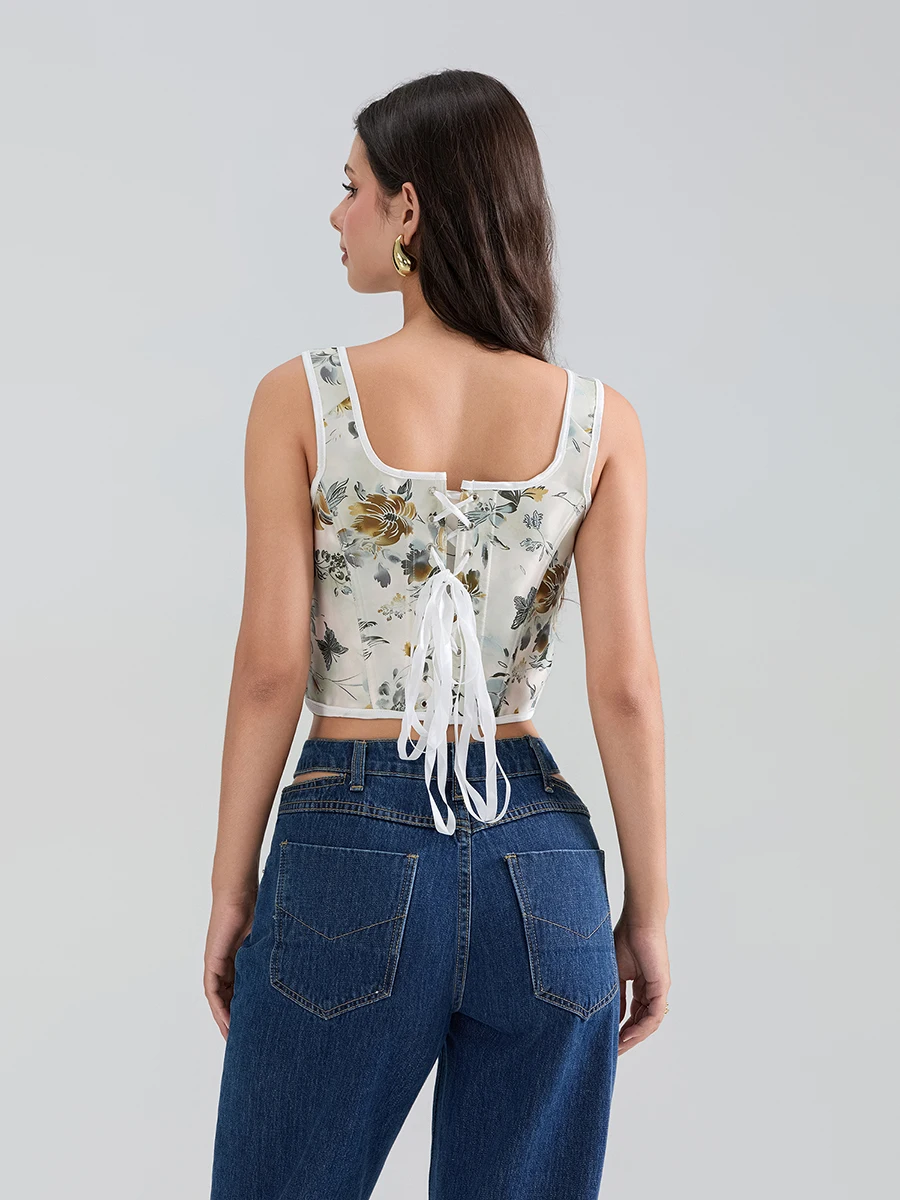 Dames Crop Hemdje Bloemenprint Vierkante Hals Stropdas Rug Mouwloze Korset Tops Voor Feestclub