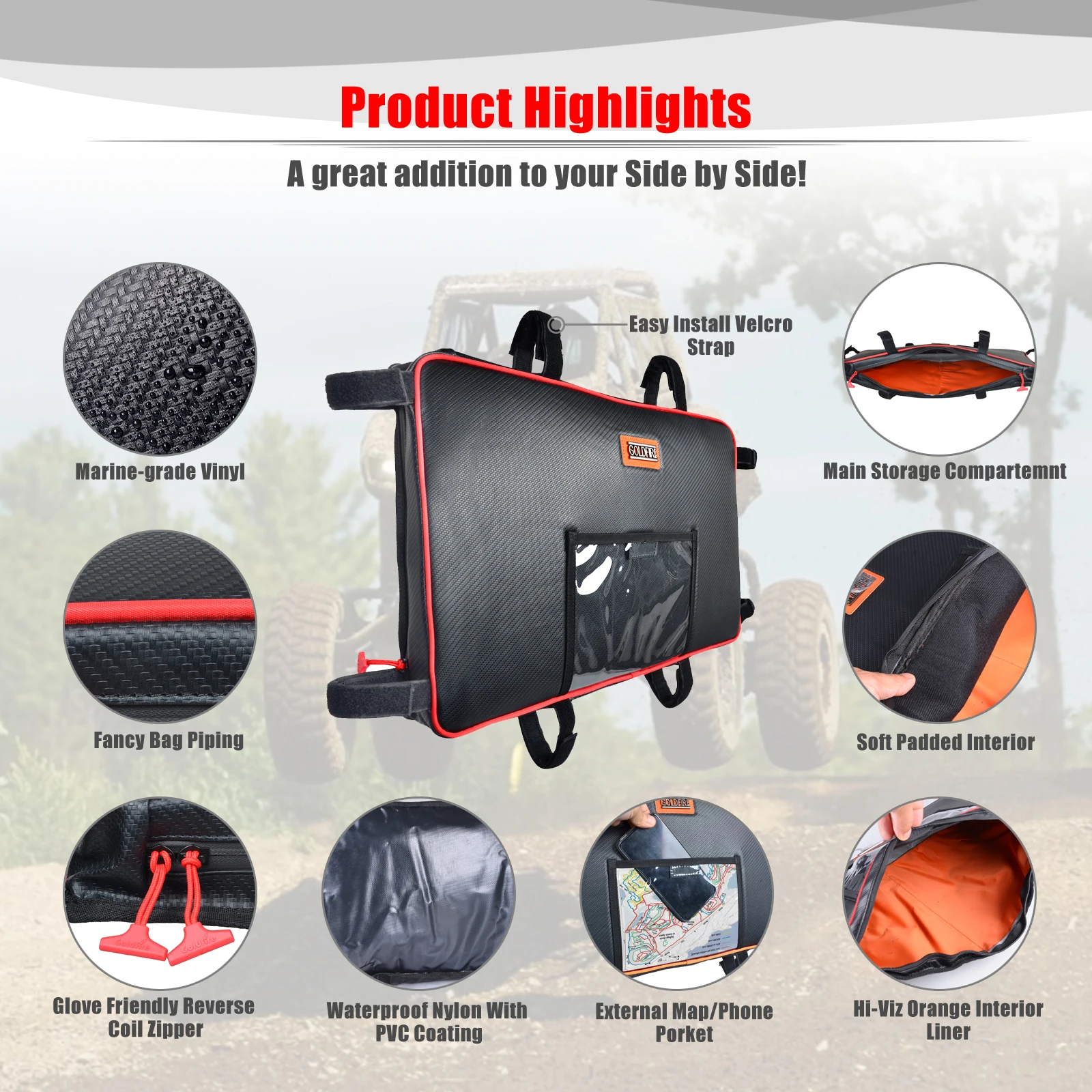 Goldfire UTV 1680D RZR RS1Overhead Storage Bag Map Bag Car Organizer Akcesoria Pasuje do Polaris RZR RS1 2018 2019 2020 2021