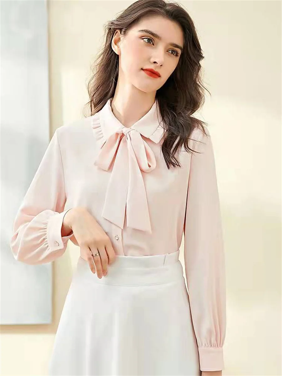 Women Summer Spring Shirts Lady Fashion Casual Long Sleeve Bow Tie Collar Solid Color Office Elegant Blusas Tops G2381