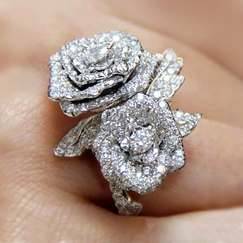 Huitan Gorgeous Lady Rose Flower Finger Ring with Brilliant Cubic Zirconia Aesthetic Female Anniversary Ceremony Accessories