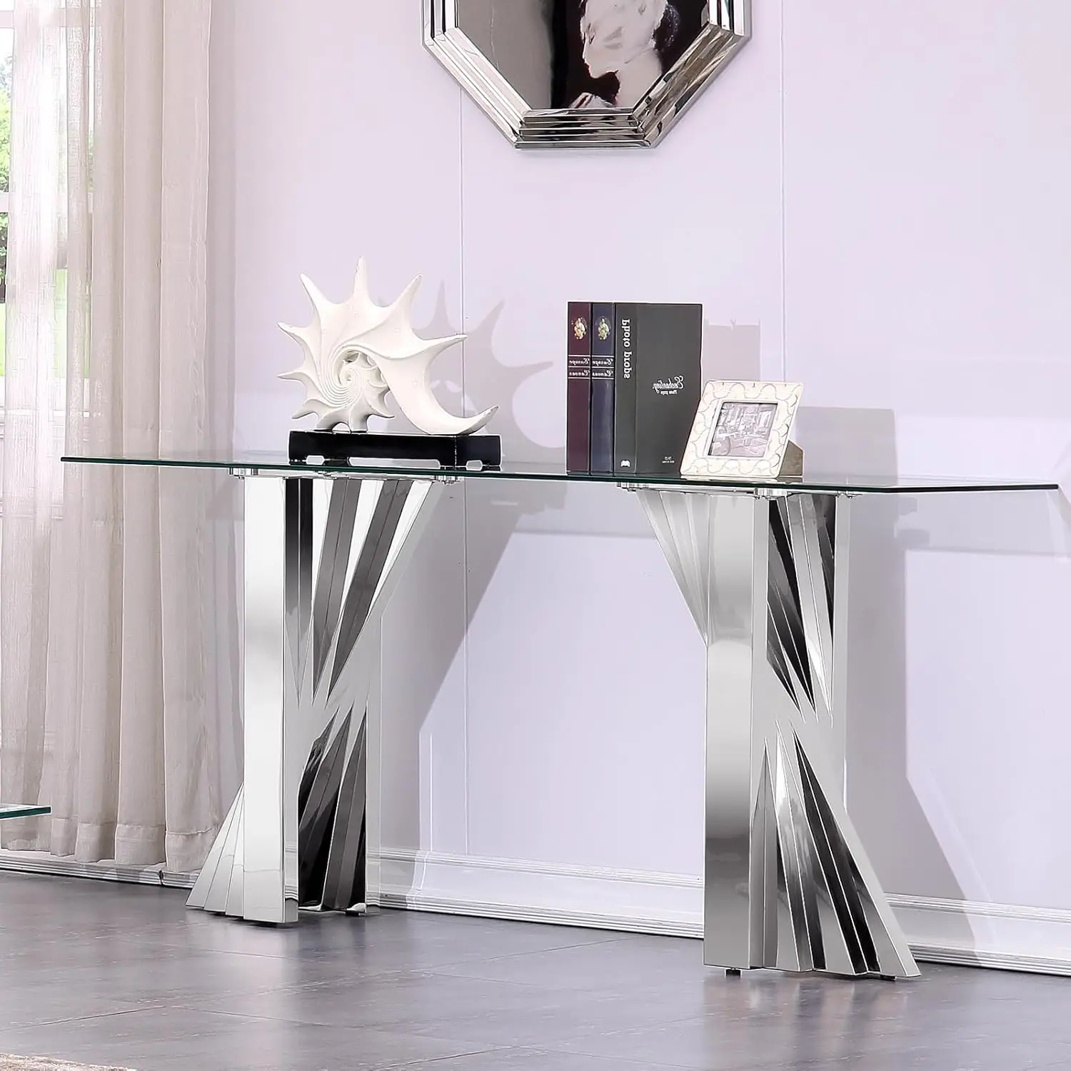 

Silver Console Table, Modern Sofa Table with 60'' Tempered Clear Glass Top, Console Table for Entryway,, Customized