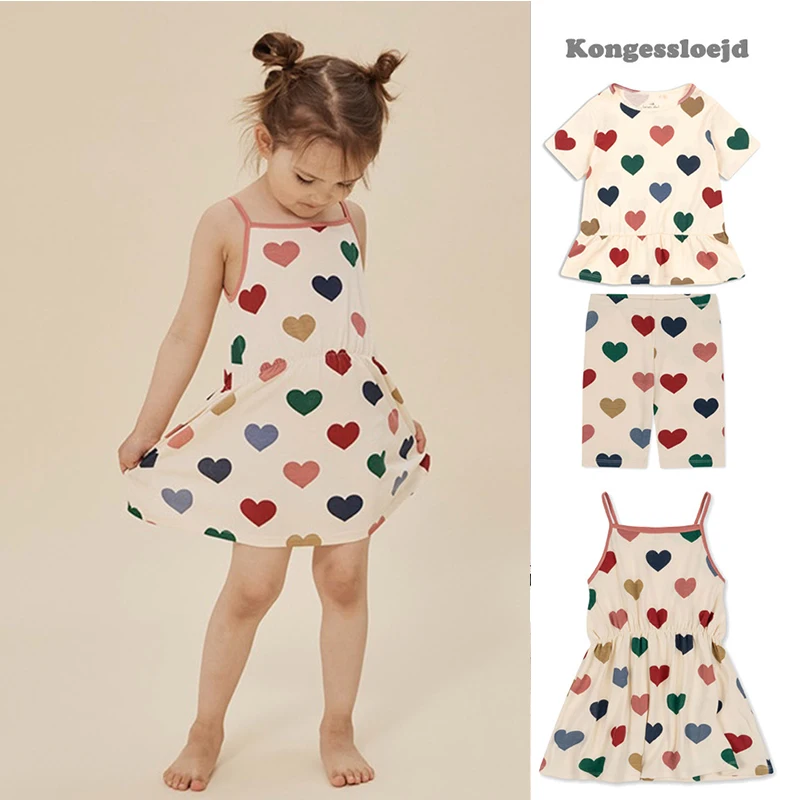 Kids Set 24 Summer KS New Kids Clothes Girls Color Love Dress Babydoll Shirt Baby Leggings Girls Suspenders Dress【In Stock】