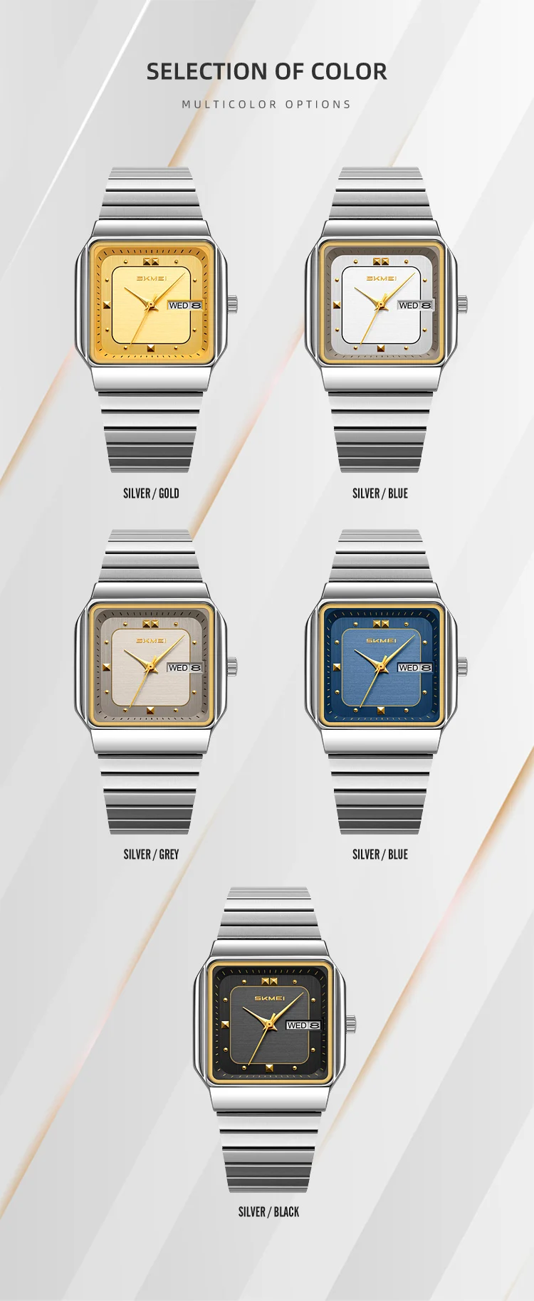 SKMEI 9414 Simple Square Dial Calendar Week Stainless Steel Strap Quartz Watch Men's Waterproof Business Mens Watch Reloj Hombre