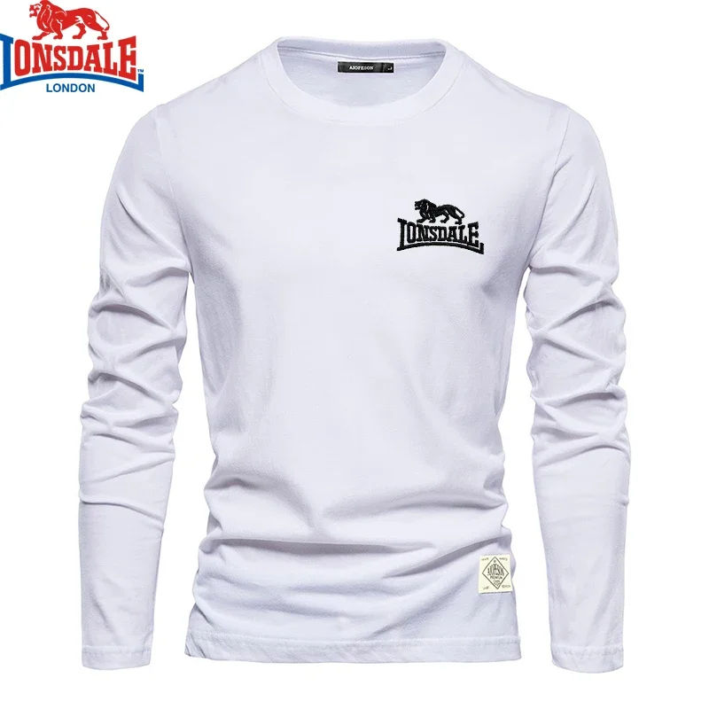 Embroidered LONSDALE 100% Pure Cotton Round Neck Long Sleeved T-shirt for Men\'s High-quality Casual Outdoor Sports