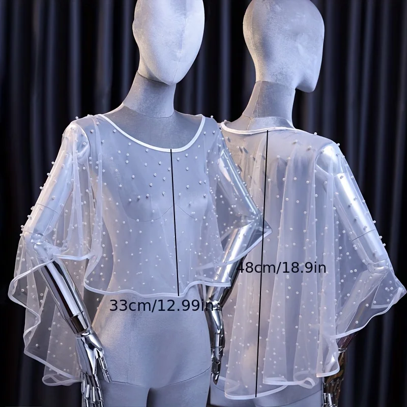 White Pearl Net Shawl for Bridal Wedding, New Short Sleeve Style with Plain Silk Edge