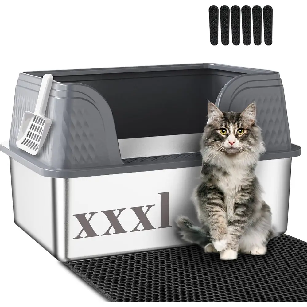 

Extra Large High-Sided Stainless Steel Litter Box with Deep Entry, Included Mat & Scoop, Grey XXL