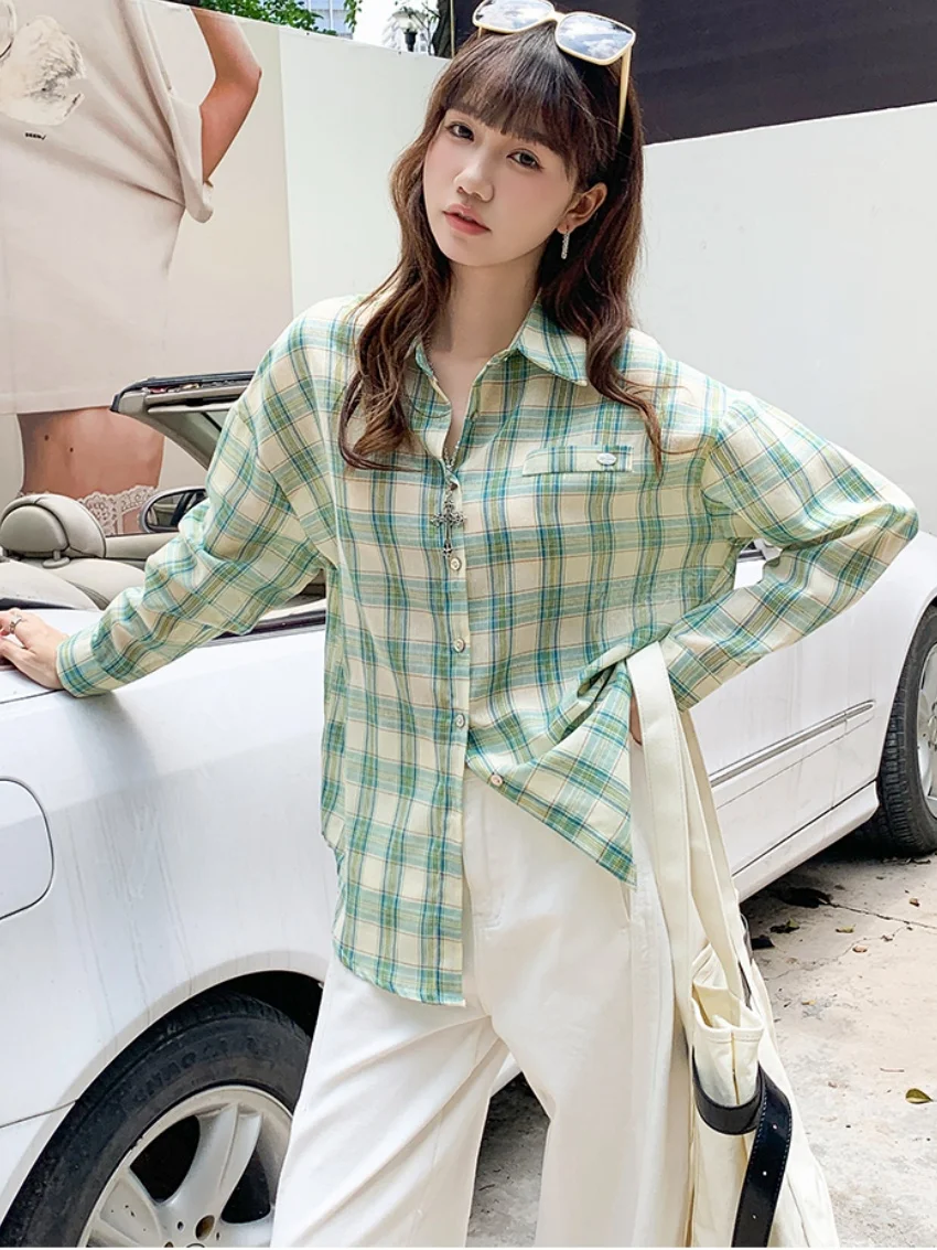 에일리언 키티 그린 선스크린 셔츠 여성 시크 루즈 2025 데일리 올 매치 플래드 젠틀 패션 풀 슬리브 오피스 레이디 코트