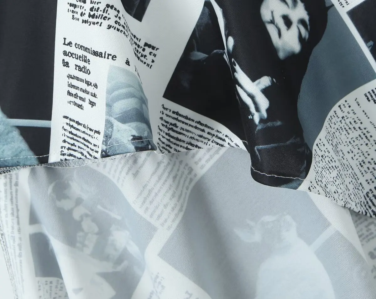 YENKYE Neues Damenkleid mit Zeitungsdruck, unregelmäßigem Saum, modisches rückenfreies Kleid mit dünnen Trägern und Kette, sexy Sommerkleid – Detail 6