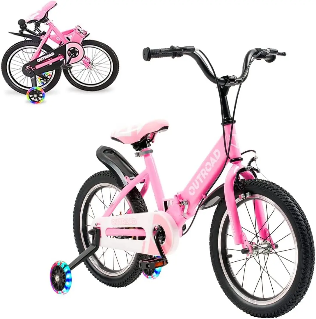 Rower składany dla maluchów i dzieci o rozmiarach 14/16/18 cali z błyskającymi kołami pomocniczymi i hamulcem ręcznym, rower dla początkujących, dla chłopców i dziewcząt.