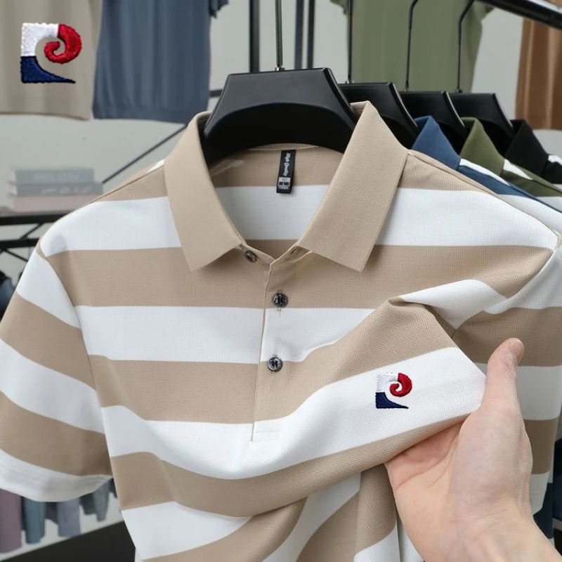New summer high-quality striped short sleeved polo shirt for men, fashionable and casual, breathable, silky and cool T-shirt top