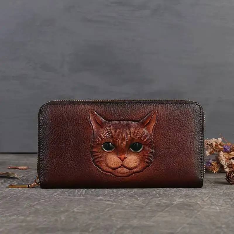 MOTAORA Cowhide Handmade Embossed Woman Card Holder Retro Women's Wallet Long Genuine Leather Wallets Women Purses For Ladies