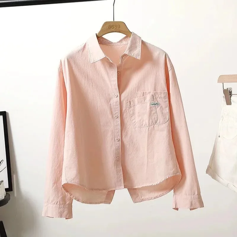 Back Slit Short Cotton Shirt for Women 2025 New Autumn Korean Style Casual Outerwear Trend