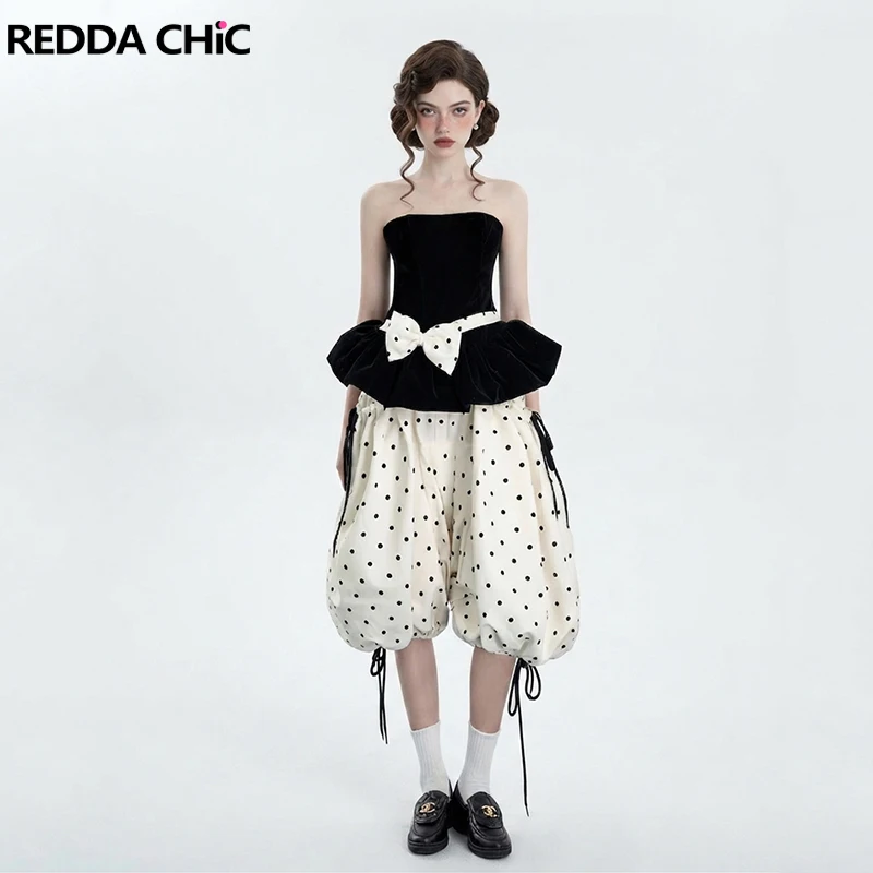 REDDACHiC Polka Dots Corset Top Bloomers Matching Set Women Y2K Tie Up Baggy Bermuda Shorts Bow Belted Tube Top Cutecore Clothes