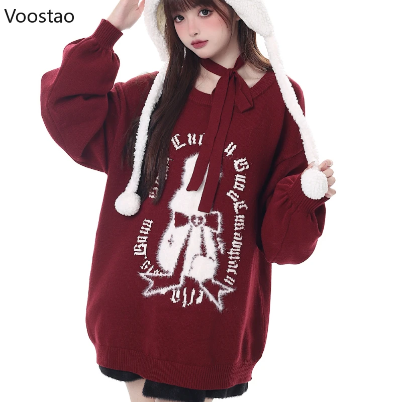 Vintage Rabbit Jacquard Knitted Pullovers Women Y2k Aesthetic Grunge Red Sweater Coat Korean Female Harajuku Loose Knitwear Tops