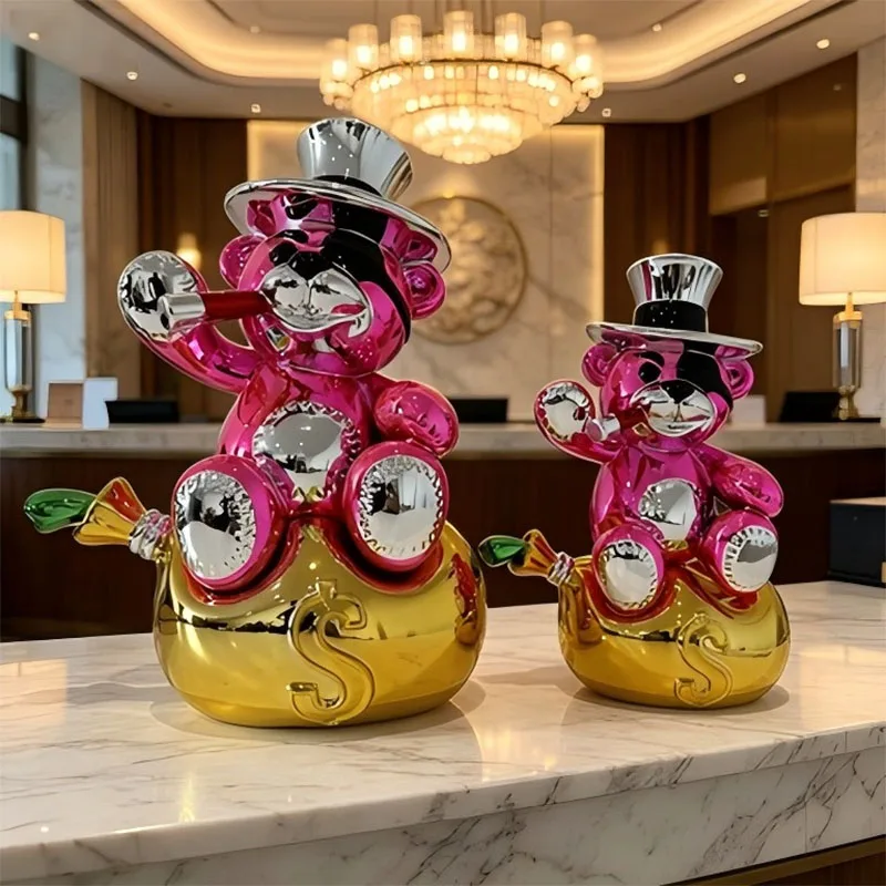 Creative Simple Electroplated Cartoon Bear Resin Statue Decor Living Room Desktop Handicrafts Ornament Home Decor Sculpture Gift