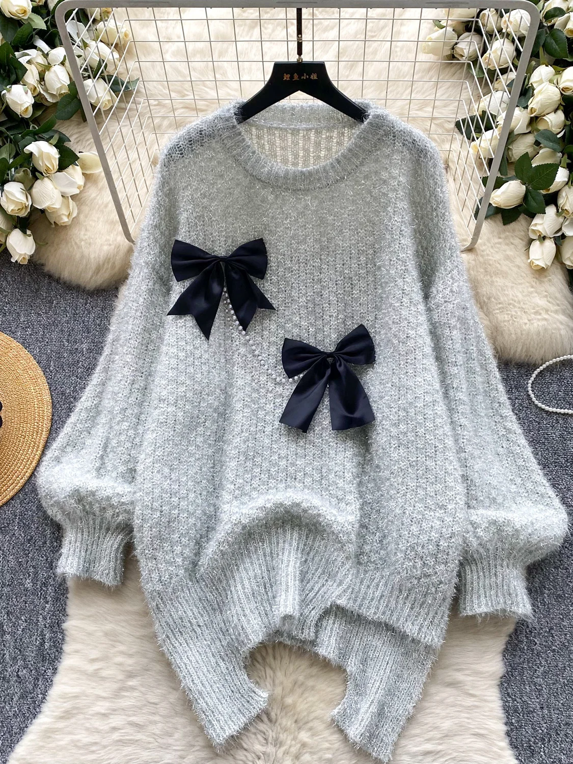 

Корейский Sle Lazy Aosphere Knot Свободный круглый Ne Long Sve Асимметричный вязаный свитер средней длины Термальный