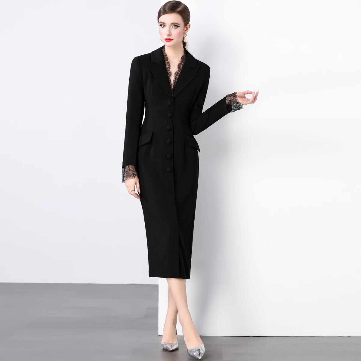 Elegant Autumn Black Blazer Dress Women Notched V-Neck Single-Breasted Long Sleeve lace Trims Bodycon Dress Office Lady Formal