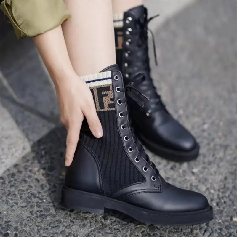 New Knit Patchwork Autumn and Winter Martin Boots Women\'s Mid-calf Tie-up Letter Boots