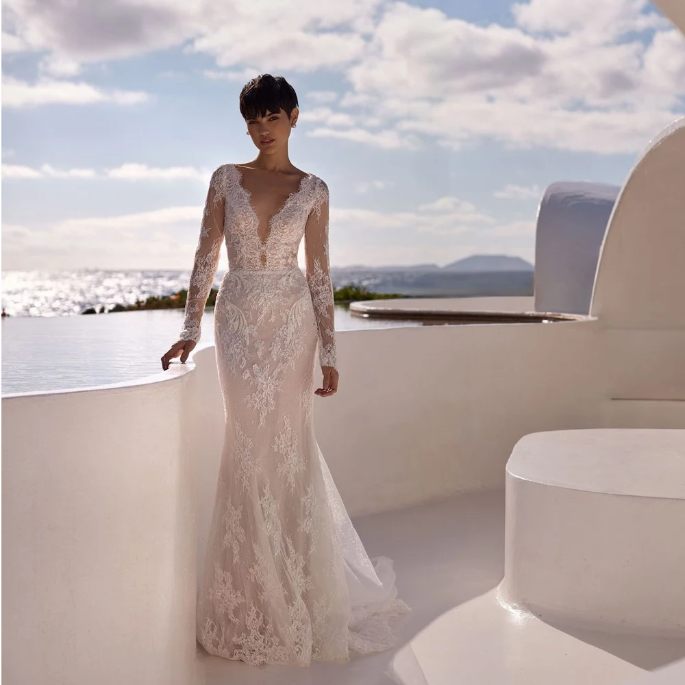 

Applique Beach Wedding Dresses Full Sleeve Illusion Back Mermaid Lace Bride Gowns Boho Robe De Soiree De Mariage Customized