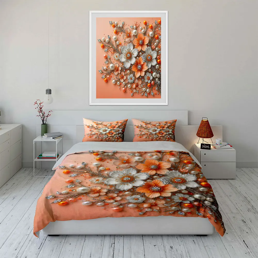 Luxurious jeweled floral Pattern Duvet Cover Set Digital Print Colorful Polyester Bedding with Zipper Closur for kids gifts