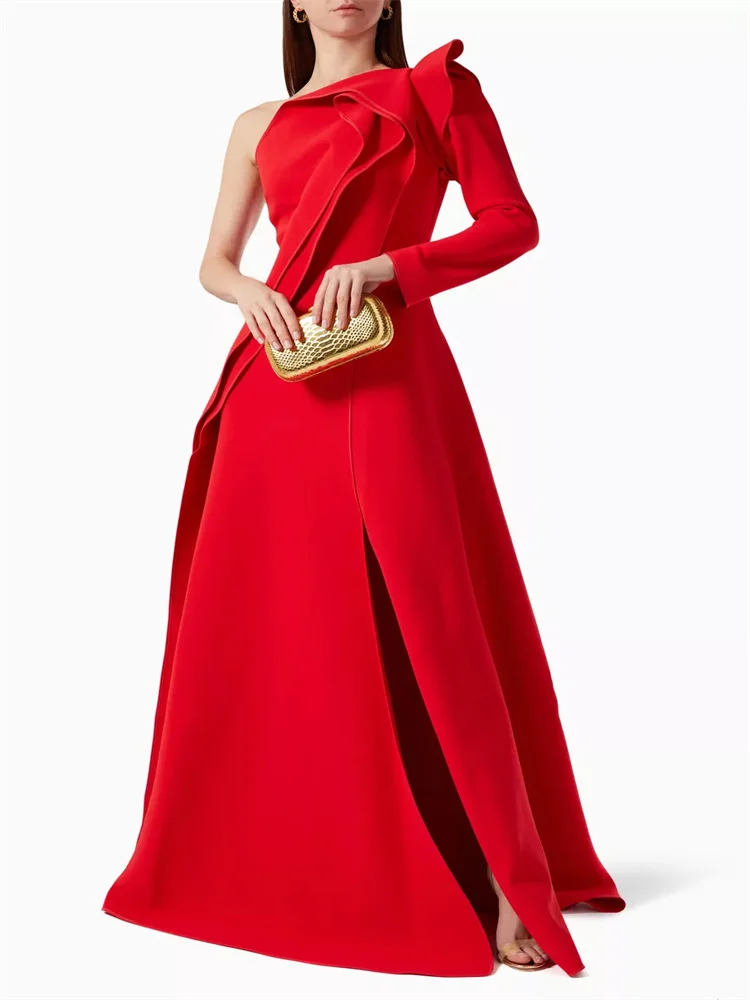 New Product One Shoulder Neckline Ruffle Detail A-Line Evening Dress Sexy Back Zipper Sweep Train High Slit Gowns For Women 2024