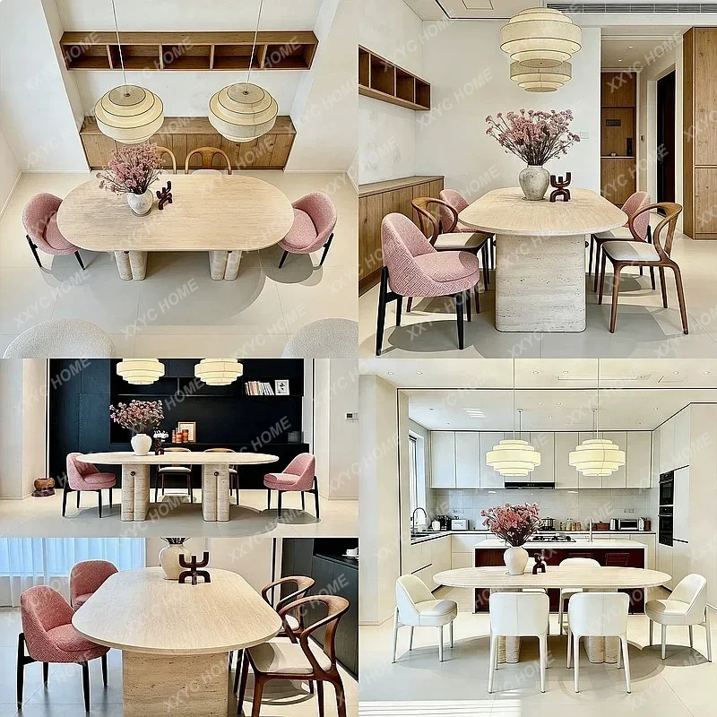 XX Retro Natural Travertine Dining Table Oval Stone Slab Luxury Villa Living Room Home Furniture