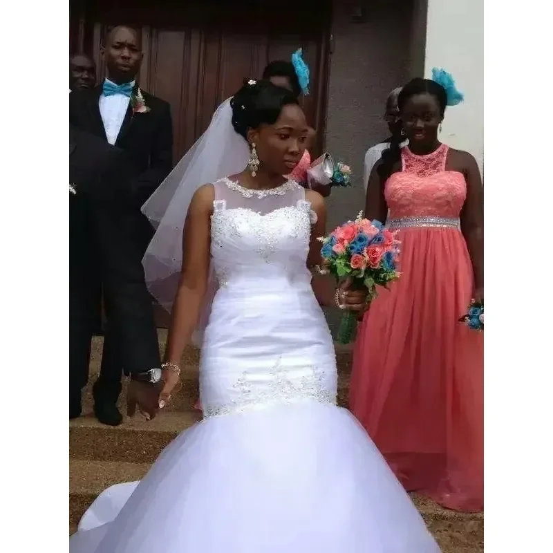 Customized Mermaid Wedding Applique Beaded Bridal Gowns Tulle See Through Lace Plus Size African Bride Dress Robes De Mariée