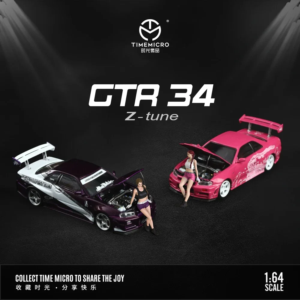 

TM 1:64 GTR R34 Z Tune SUKI PINK PURPLE Openable Hood Diecast Diorama Car Model Collection Miniature TimeMicro