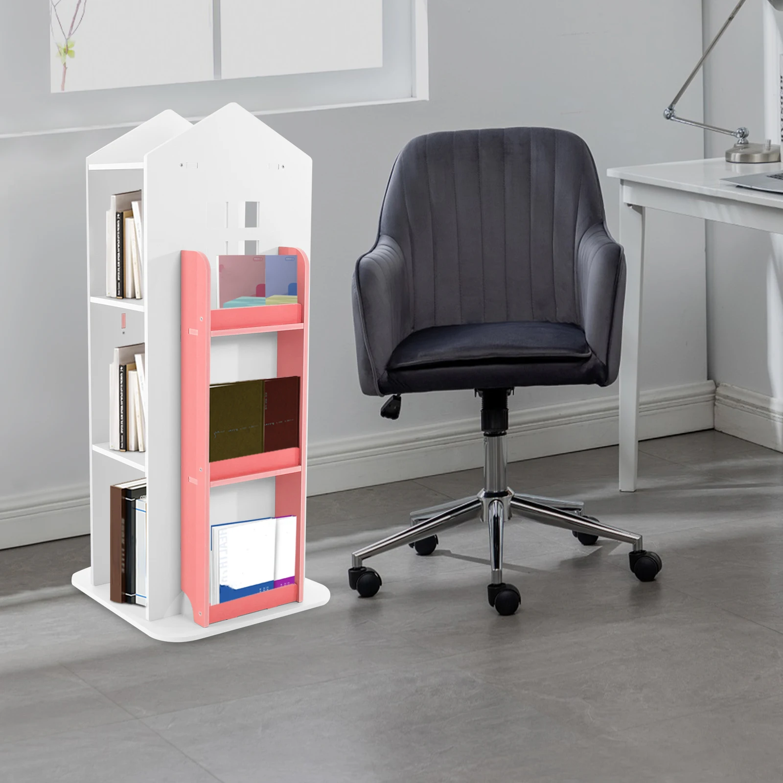 

360 ° Вращающаяся книжная полка, 4-ярусная розовая вращающаяся подставка для книг, современная угловая полка для домашнего офиса, компактный органайзер для хранения