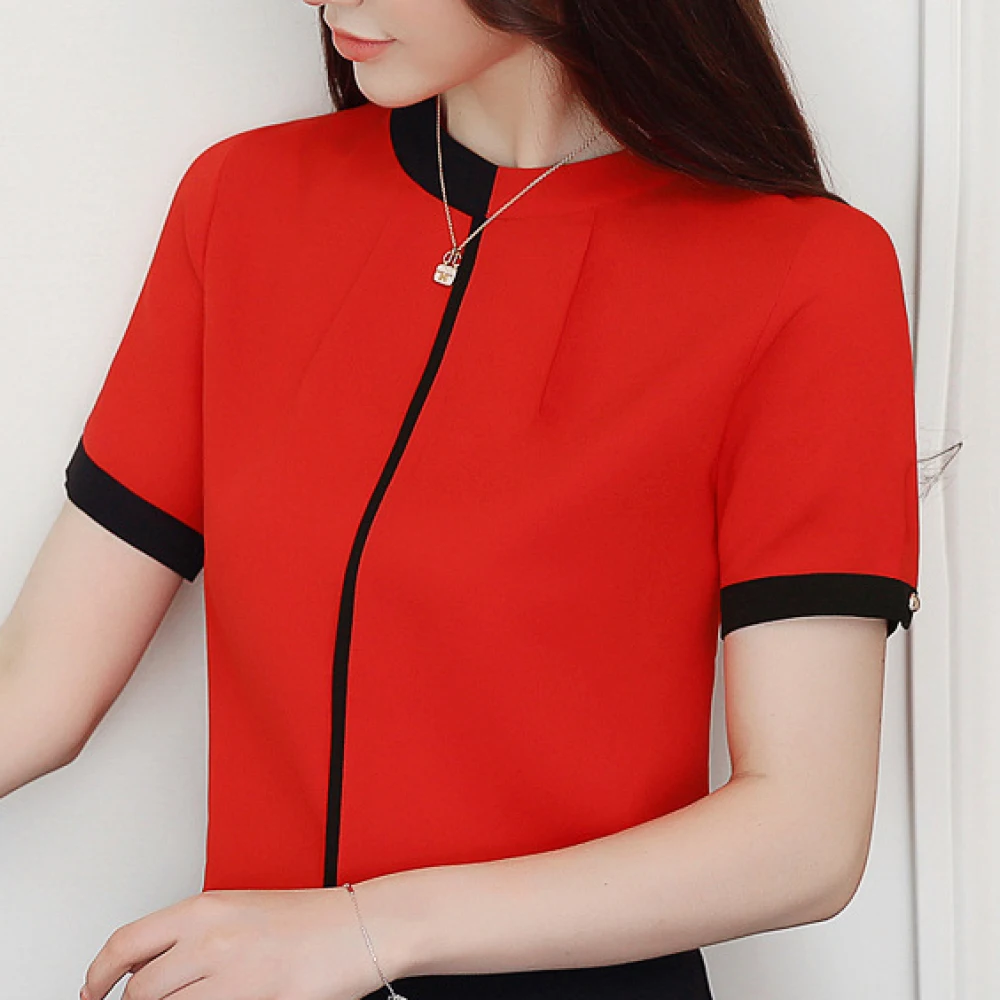 Ladies Crew Neck Short Sleeve Chiffon Top Contrast Trim Back Zipper Straight Shirt Office Business Casual Working Blouse