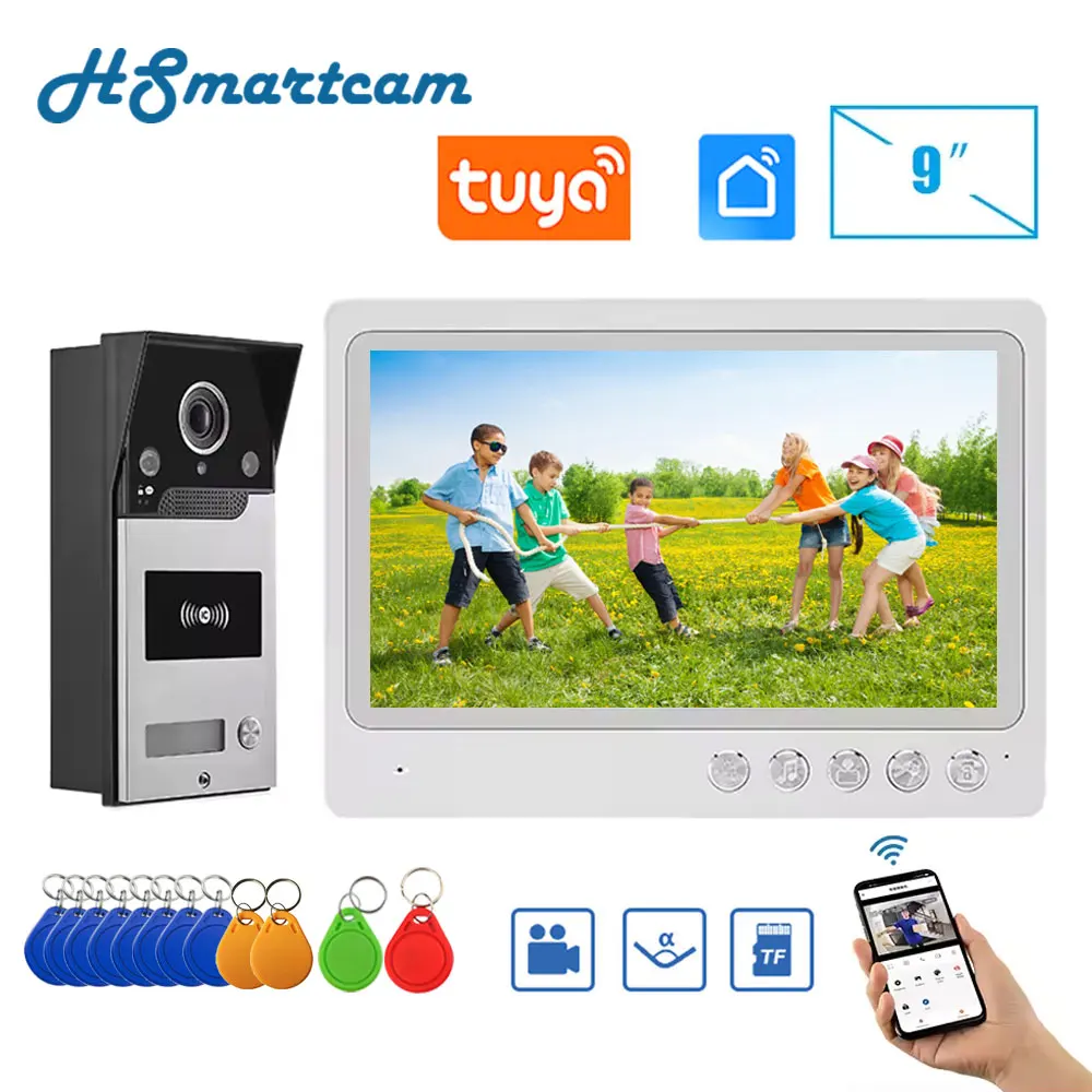 New TUYA 9 Inch Color  Screen Wireless Wifi Video Doorbell Smart APP Home Intercom Kit for RFID Access Control System