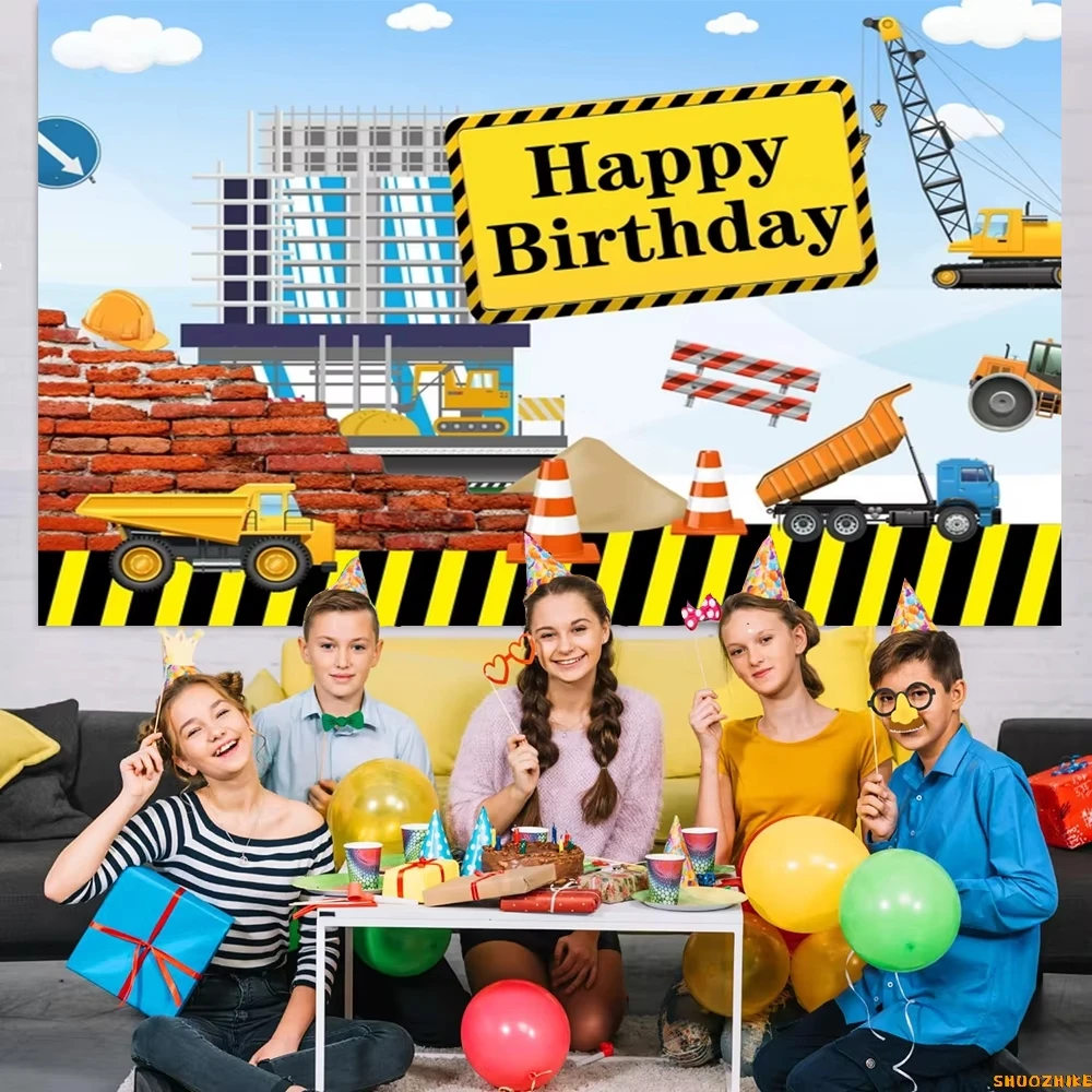 

Construction Team Excavator Car Theme Photography Backdrops Strips Big Dump Truck Vehicle Birthday Photo Studio Background CH-01